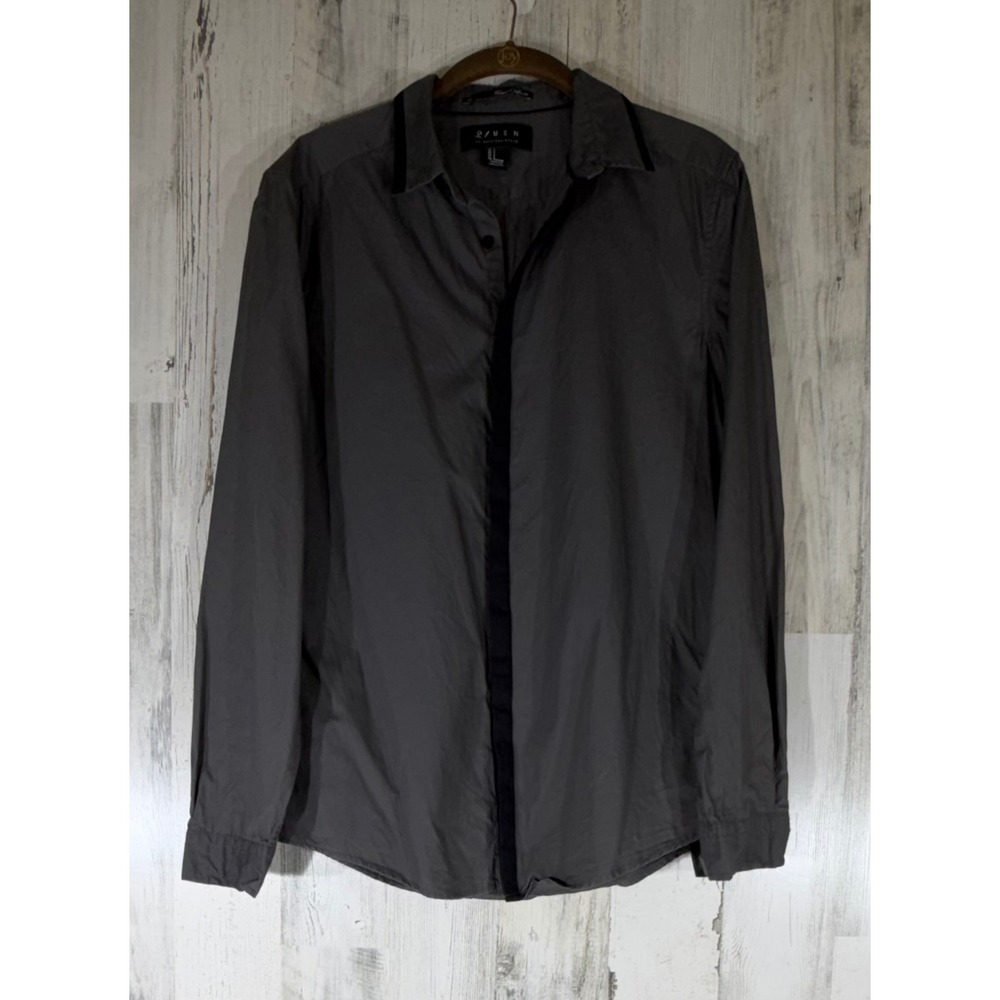 21 Men Button Down Shirt Small‎ Gray Fitted Contrast Trim Long Sleeve Poplin